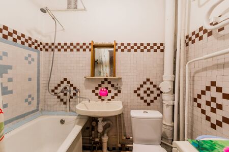 Russia, Moscow- August 05, 2019: interior room apartment modern bright cozy atmosphere. general cleaning, home decoration, preparation of house for sale. bathroom and toiletのeditorial素材