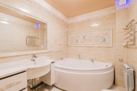 Russia, Moscow- August 05, 2019: interior room apartment modern bright cozy atmosphere. general cleaning, home decoration, preparation of house. bathroom, sink, decoration elements, toiletのeditorial素材