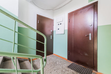 Russia, Moscow- August 05, 2019: interior room apartment modern bright cozy atmosphere. general cleaning, home decoration, preparation of house for sale. public place, porchのeditorial素材