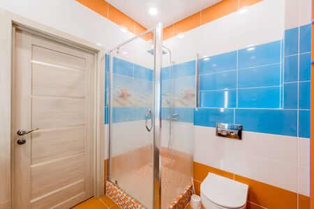 Russia, Moscow- August 05, 2019: interior room apartment modern bright cozy atmosphere. general cleaning, home decoration, preparation of house. bathroom, sink, decoration elements, toiletのeditorial素材