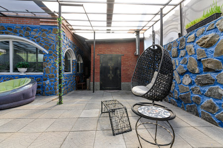 Russia, Moscow- September 08, 2019: interior room apartment closed recreation area in the courtyard...