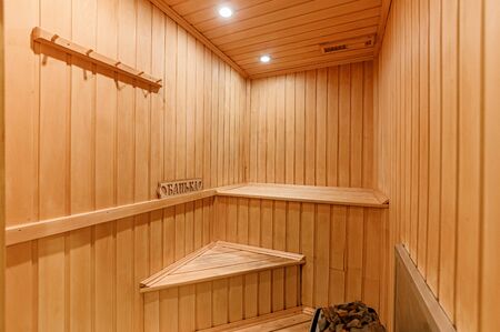 Russia, Moscow- October 17, 2019: interior room apartment modern bright cozy atmosphere. general cleaning, home decoration, preparation of house for sale. bathhouse, saunaのeditorial素材