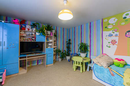 Russia, Moscow- November 15, 2019: interior room apartment modern bright cozy atmosphere. general cleaning, home decoration, child's room with children's toys and furnitureのeditorial素材