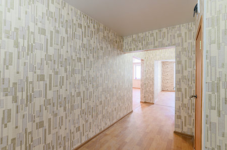 Russia, Moscow- January 15, 2020: interior room apartment modern bright cozy atmosphere. general cleaning, home decoration, preparation of house for sale. bright empty room without furnitureのeditorial素材