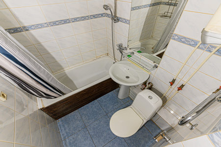 Russia, Moscow- December 15, 2019: interior room apartment modern bright cozy atmosphere. general cleaning, bathroom, sink, decoration elements, toiletのeditorial素材