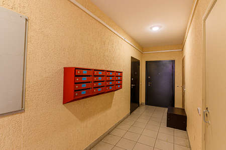 Russia, Moscow- January 25, 2020: interior public place, house entrance. doors, walls, corridors staircaseのeditorial素材