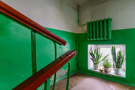 Russia, Moscow- January 27, 2020: interior room public place, house entrance. doors, walls, corridors staircaseのeditorial素材