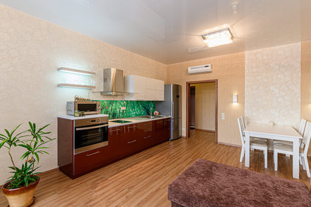 Russia, Moscow- January 27, 2020: interior room apartment modern bright cozy atmosphere. general cleaning, home decoration, preparation of house for sale. kitchen, dining areaのeditorial素材