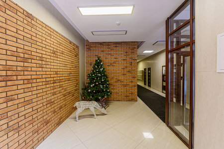Russia, Moscow- January 27, 2020: interior public place, house entrance. doors, walls, corridors staircaseのeditorial素材