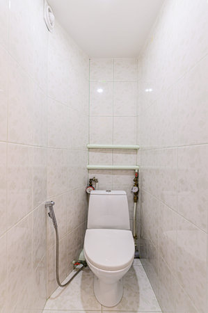 Russia, Moscow- January 27, 2020: interior room apartment modern bright cozy atmosphere. general cleaning, bathroom, sink, decoration elements, toiletのeditorial素材