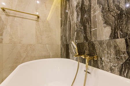 Russia, Moscow- January 27, 2020: interior room apartment modern bright cozy atmosphere. general cleaning, bathroom, sink, decoration elements, toiletのeditorial素材