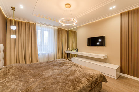 Russia, Moscow- January 27, 2020: interior room apartment modern bright cozy atmosphere. general cleaning, home decoration, preparation of house for sale. modern expensive luxury designのeditorial素材