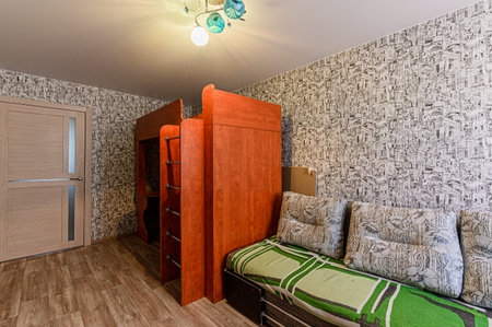 Russia, Moscow- February 10, 2020: interior room apartment shabby old sloppy not modern furnishings....