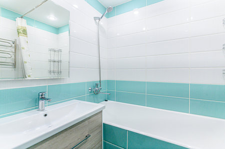 Interior of a bathroom with white bathtub and shower. Nobody inside