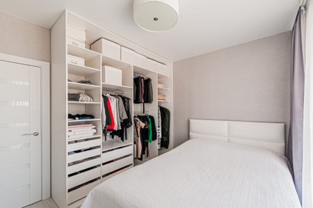 Interior of a modern bedroom with wardrobe and bed. Nobody insideの写真素材