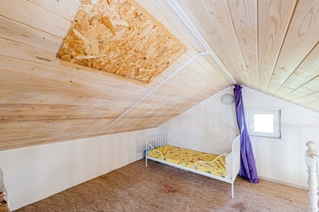 Interior of a small attic bedroom with a bed and a canopy