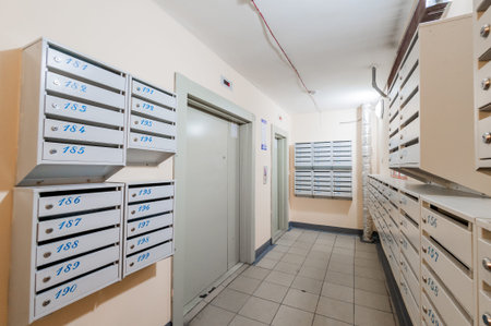 Interior of a modern office with mailboxes in a hospital.