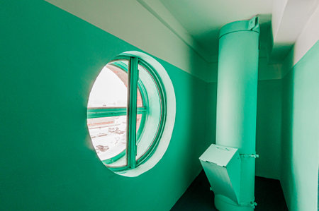 Interior of a hotel room with green walls and a round window