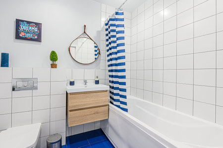 interior apartment room bathroom, sink, decorative elements, toilet. WC, sanitary unit, wash roomの写真素材