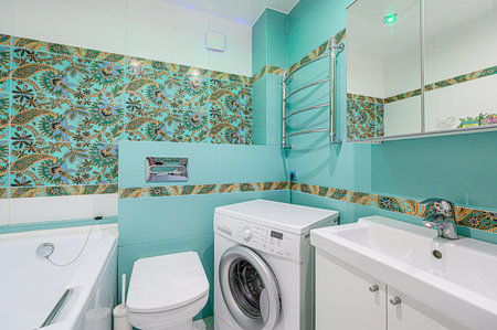 interior apartment room bathroom, sink, decorative elements, toilet. WC, sanitary unit, wash room