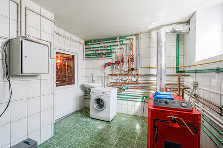 interior apartment room boiler room. heating system, pipes and appliancesの写真素材
