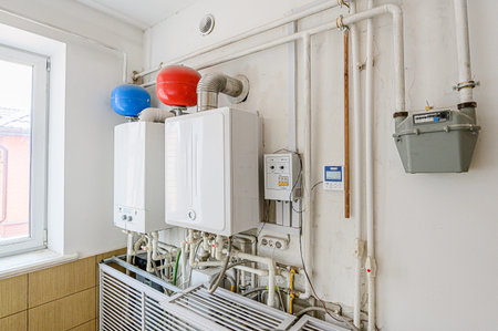 interior apartment room boiler room. heating system, pipes and appliancesの写真素材