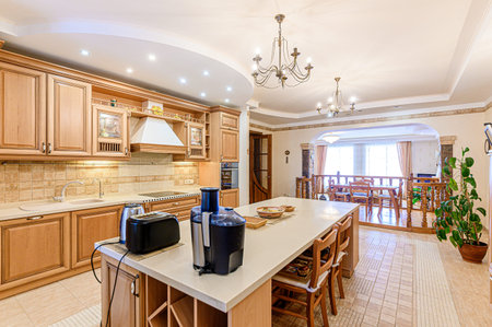 interior kitchen and dining room, refectory area, cooking equipment, table furniture, stove