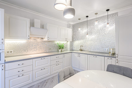 interior kitchen and dining room, refectory area, cooking equipment, table furniture, stoveの写真素材