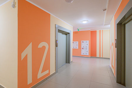 interior public place, house entrance. doors, walls, corridors staircase