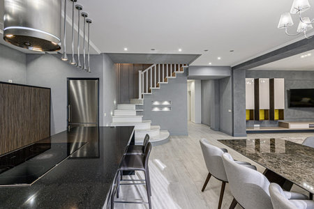 interior apartment kitchen and dining room, refectory area, cooking equipment, table furniture, stove