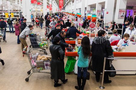 Auchan store rush hour Moscow, crisis 7 february 2015, Russiaのeditorial素材