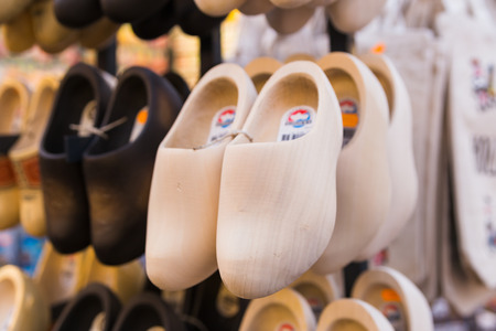 Set of different colorful vintage Dutch wooden clogsの写真素材