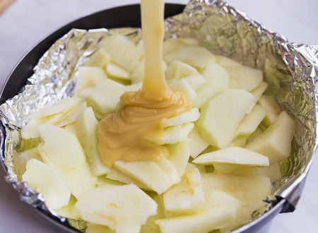 test blank for apple pie with eggs and flour sugarの写真素材