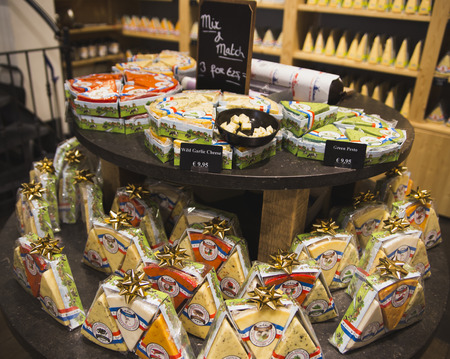 Yellow cheese on the European showcaseのeditorial素材