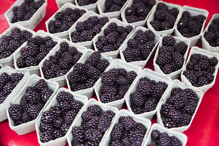 Fresh blackberries of purple color in the market showcaseの写真素材