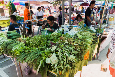 Thai famous market in TongSala with fresh vegetables and fruits Thailand, co-phangan, TongSala July 27, 2017のeditorial素材