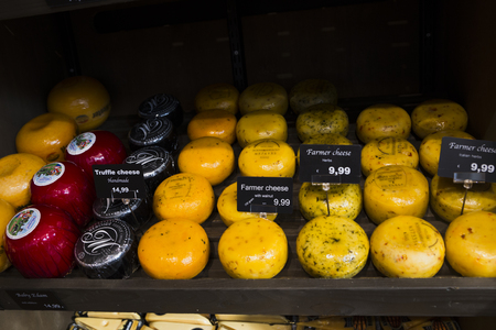 Dutch cheese on display in the store November 2nd, 2015 Netherlands Amsterdamのeditorial素材