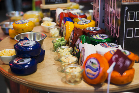 Dutch cheese on display in the store November 2nd, 2015 Netherlands Amsterdamのeditorial素材