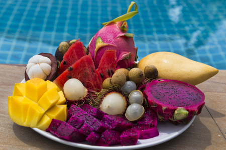 Thai fruit dragon, mangosteen, mango, lychee, watermelonの写真素材