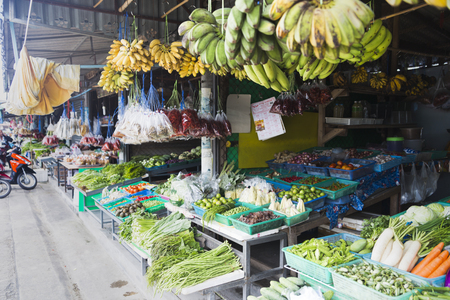 Thai famous market in TongSala with fresh vegetables and fruits Thailand, co-phangan, TongSala July 27, 2017の写真素材