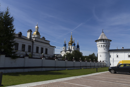 Tobolsk, Russia - August 18, 2017: Aerial view onto Tobolsk Kremlin with St. Sophia-Assumption Cathedral and belltower in summer day. Tyumen regionのeditorial素材