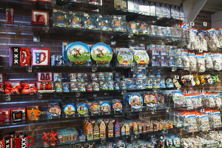 Holland, Netherlands, Amsterdam, November 2, 2015, souvenir shops with a lot of souvenirs on the streets of Amsterdamのeditorial素材