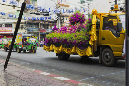 Beautiful decorated cars with flowers and fabrics for the new year Thailand, Bangkok, April 12, 2015のeditorial素材