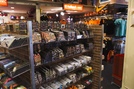 Holland, Netherlands, Amsterdam, November 2, 2015, souvenir shops with a lot of souvenirs on the streets of Amsterdamのeditorial素材