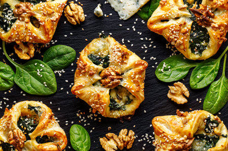 Puff pastry stuffed with spinach and Gorgonzola cheeseの写真素材