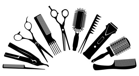 set of silhouettes of tools for the hairdresserのイラスト素材