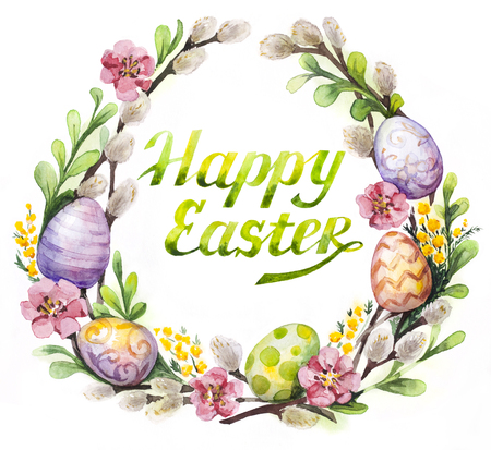 Watercolor Easter wreath with easter eggs and flowersの写真素材