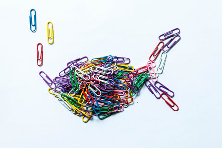Colorful paperclips on white background .の写真素材