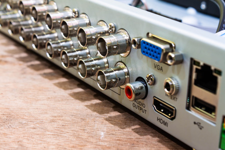 mixing table audio video input output control panel - detail .の写真素材