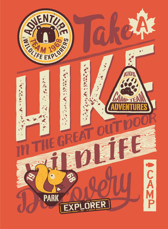 Take a hike in the great outdoor wildlife discovery cute vector print for children wear with embroidery applique patchesのイラスト素材